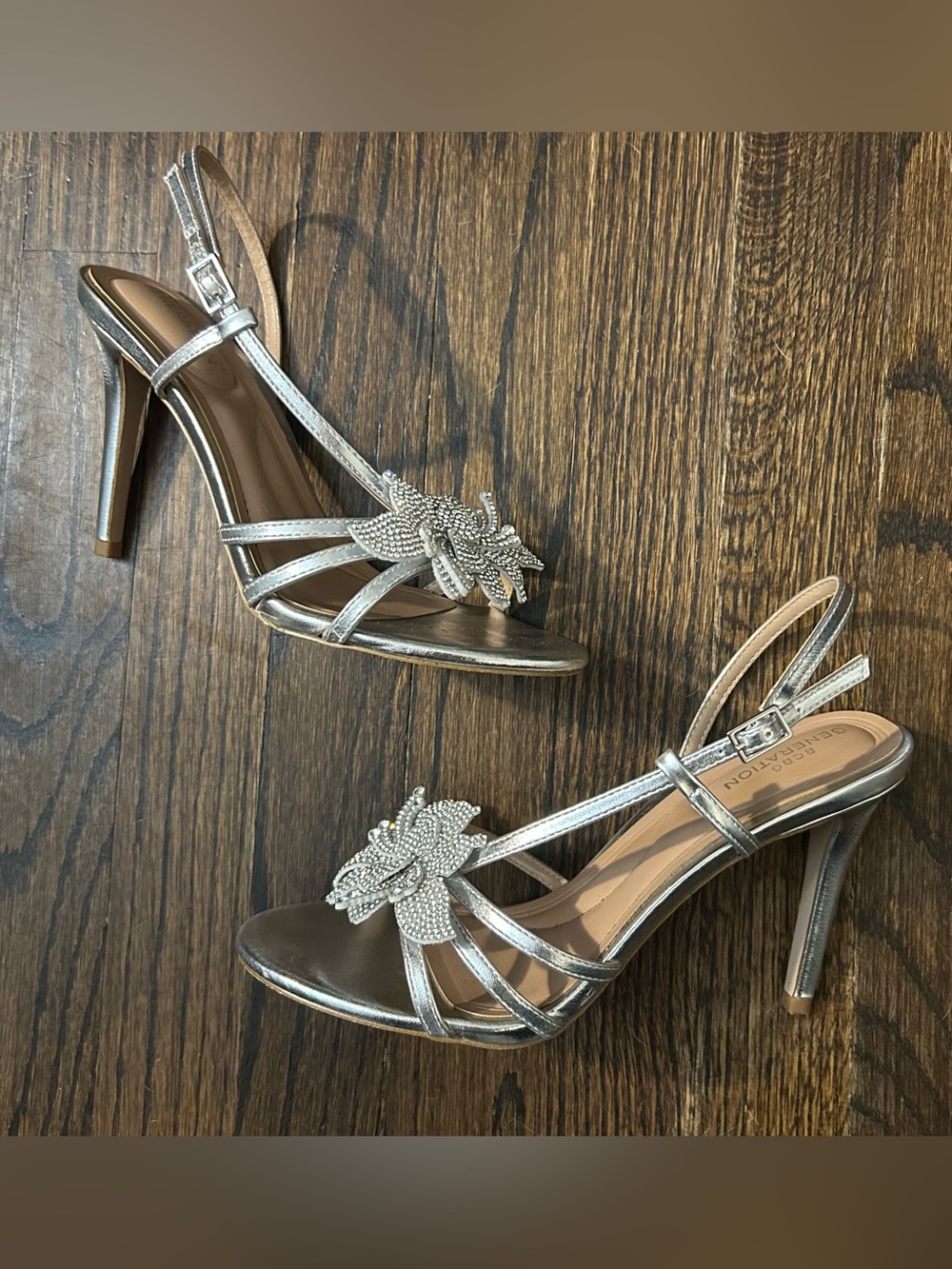 BCBG Generation Jranda Silver Rhinestone Floral Strappy Heels Size 8.5